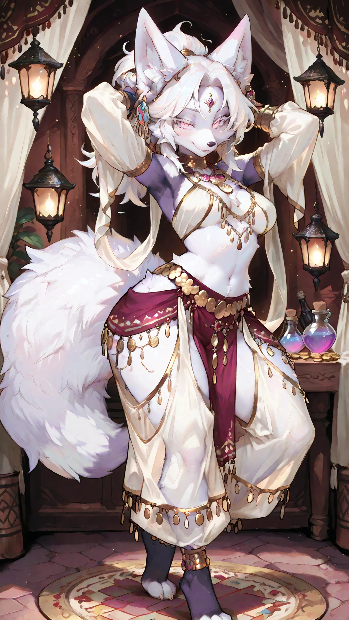 (Best quality at best),4K,Noble female nine-tailed white fox,furry ears and hands and feet,long leges,The expression is fascinating,Wear tribal clothing,forest backgrou,orc race,Pink Long Hair