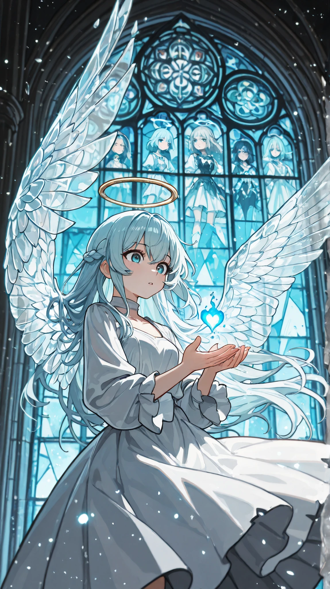 ArsMJStyle, Stained vidro, (melhor qualidade), (mestra), (ultra detalhado), uma garota, only, menina bonita,
(long light blue hair flowing and wavy), (bright white dress), (sorriso modesto), (Hopeful expression), (eyes blue as the sky, maravilhados), holding a small glowing heart in both hands,
(broken stained-glass wings:1.3), (translucent stained-glass wings), (shards of stained glass forming wings), (geometric patterns on glass wings), (leaden glass wings), (ragged edges of glass wings), (light shining through glass wings), (particles of light falling from wings and halo), (halo),
(dawn sky background), (soft gradient sky), (ethereal light), (atmosphere of new beginning), (cores pastel), volumetric light, depth of field, vitral, vitral background, vitral effect, vidro quebrado, vidro quebrado, vidro rachado, vidro fragments, Vidro iluminado, vitral texture, kaleidoscope , mosaic, prisma, vidro