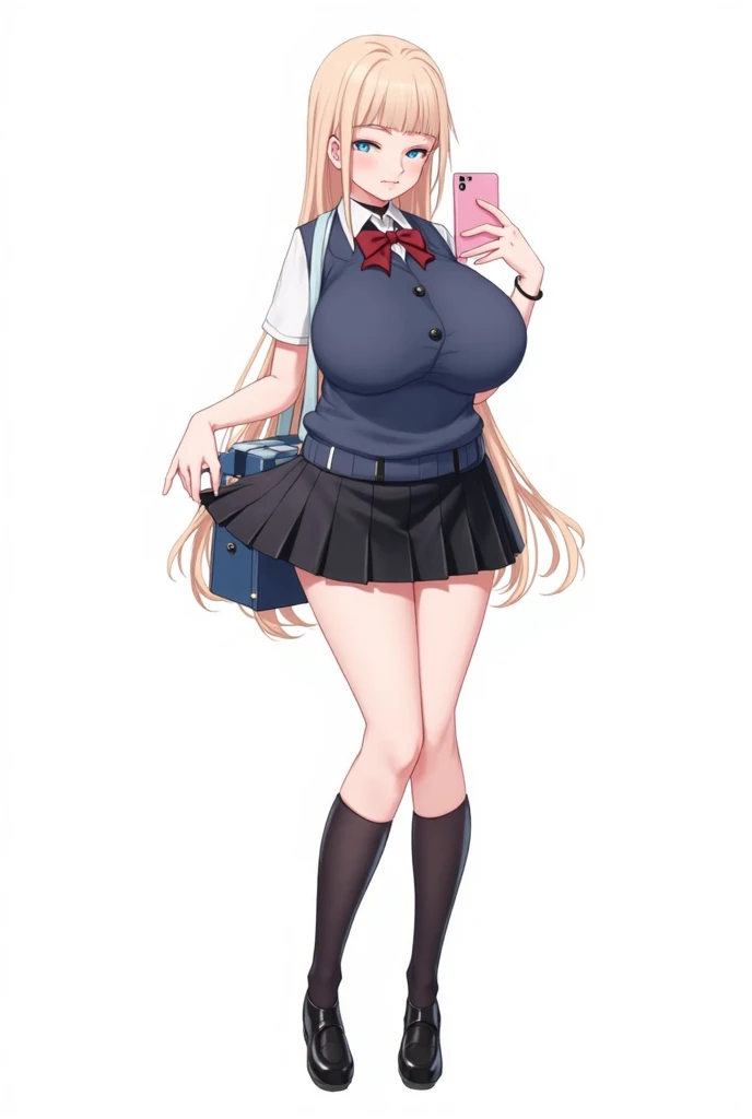 Highest quality, 1girl, solo, blonde hair, long hair, blue eyes, gigantic breasts, thick thighs, green sweater, standing, box pleated skirt, thigh highs, smile, wide hips