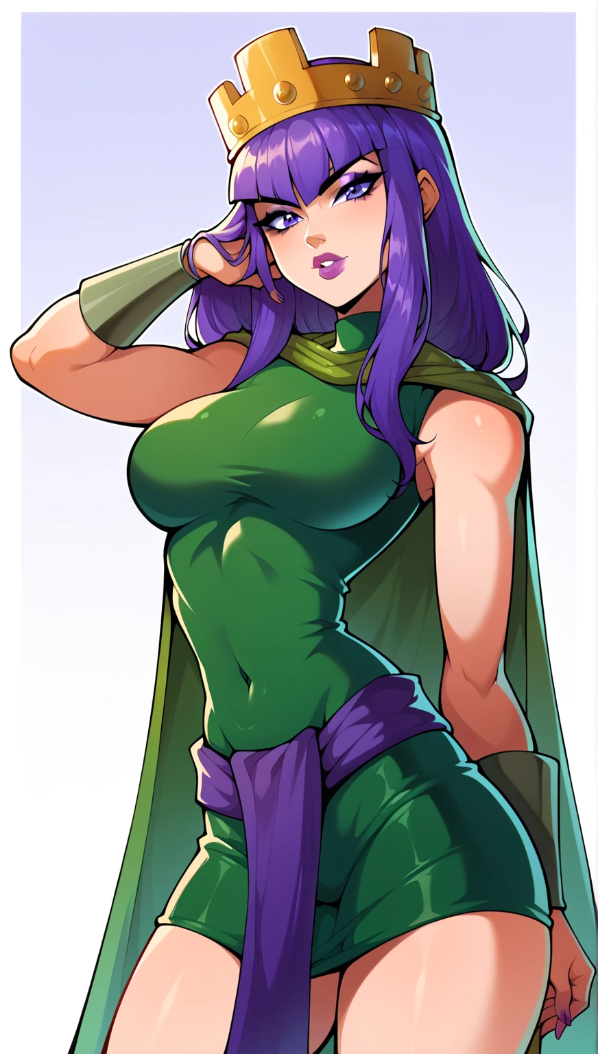 1woman, mature face, superhero, long green hair, green diadem, green leotard, breast cleavage, green pants, green boots, green arm guards, green cape