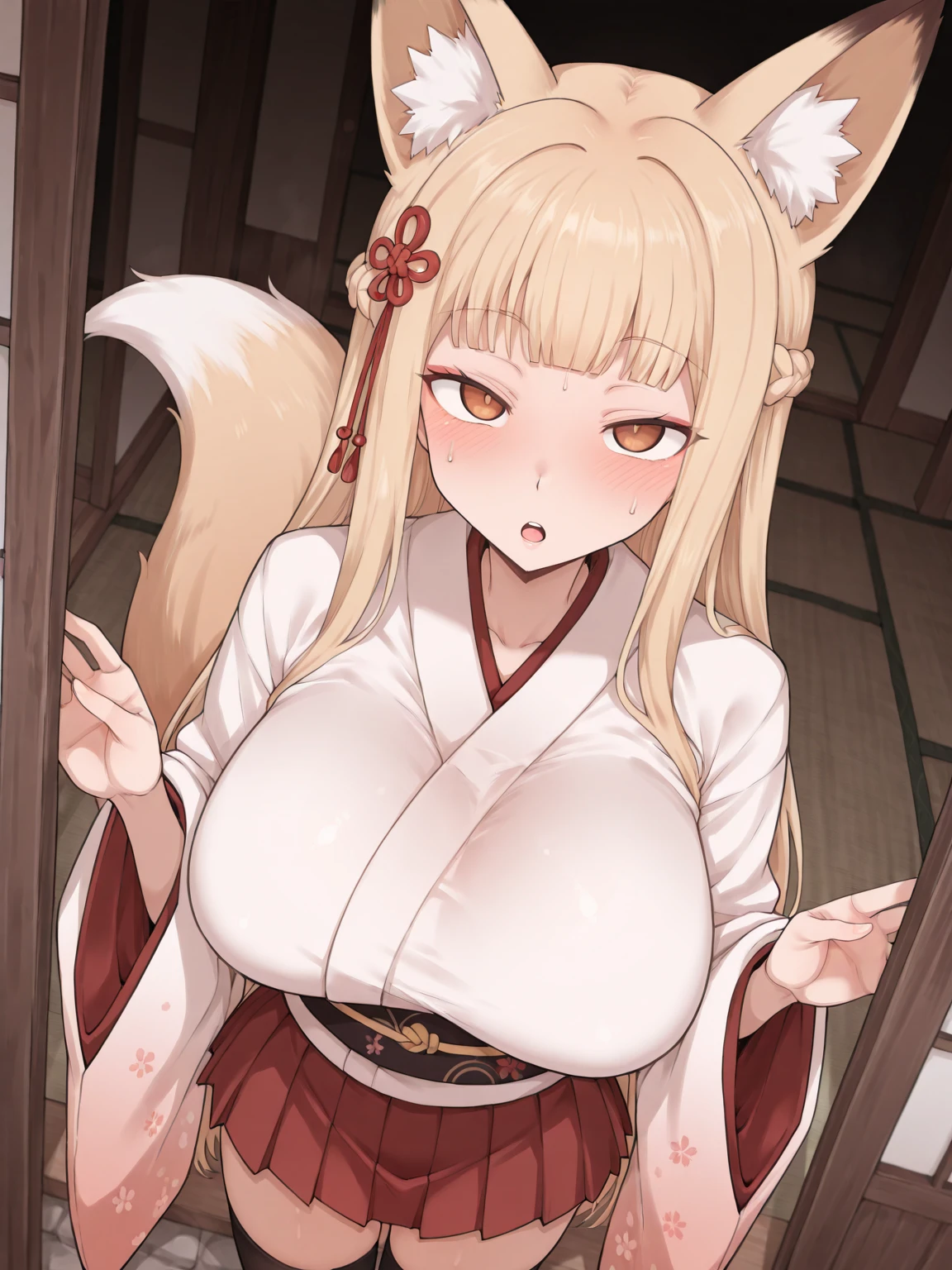 8k、Highest quality、high resolution、Small breasts、Nipples、Fox ears、Long blonde、Red Eye、kimono、Clothes falling apart、Japanese-style room、Grinning