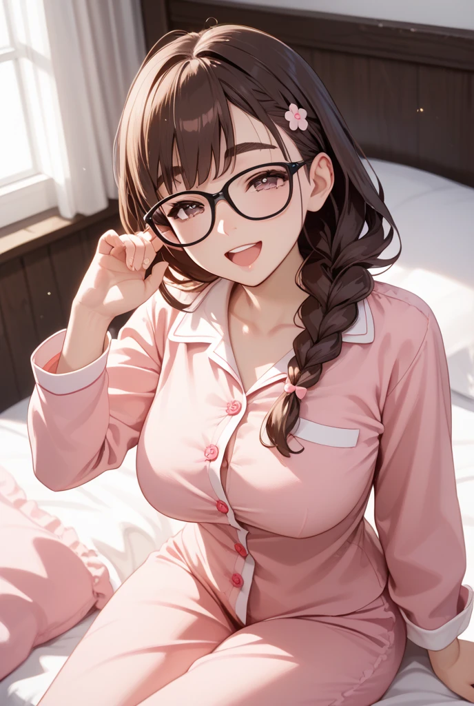 (masterpiece, highres, best quality, ultra detailed, detailed background, cinematic lighting:1.2), (beautiful detailed face, detailled eyes), 1girl, brown hair, long wavy hair, ponytail, wide ponytail, bangs, parted bangs, brown eyes, pale skin, large sagging breasts, red eyewear, semi-rimless eyewear, bedroom, morning, window, pink curtains, bed, bed sheet, on bed, wariza, from above, pink pajamas, light smile, stuffed animal, teddy bear, stuffed bunny, partially unbuttoned shirt,