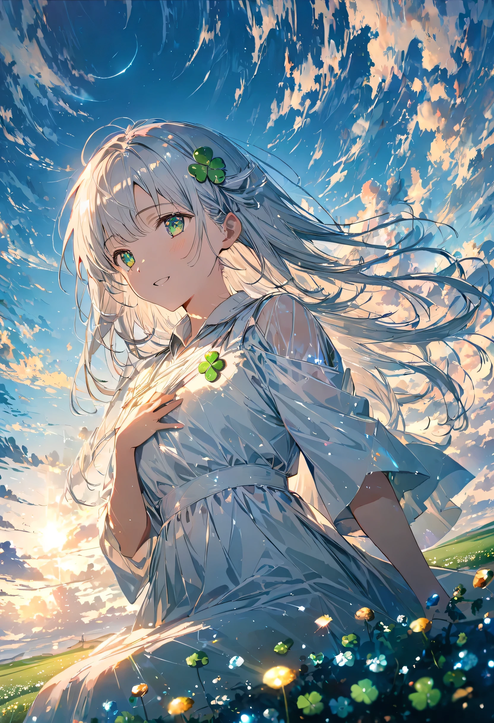 Anime Style,. upper body, cowboy shots, oblique angle ,Sit on the ground,Sitting flat, White Hair,Long Hair,Clover hair accessory,  A masterpiece with clouds ,Green Eyes, shining eyes crystal four-leaf clover floating in front of a woman's chest,Shining green ,White costume that wraps around the chest , white drop shoulder shirt ,  noble atmosphere, happiness , The background is the plains, Light Shines In ,Daytime view,Glitter Effect,A low-angle masterpiece, best quality,Exquisite,8k,  absurd, super detailed illustrations on white paper 