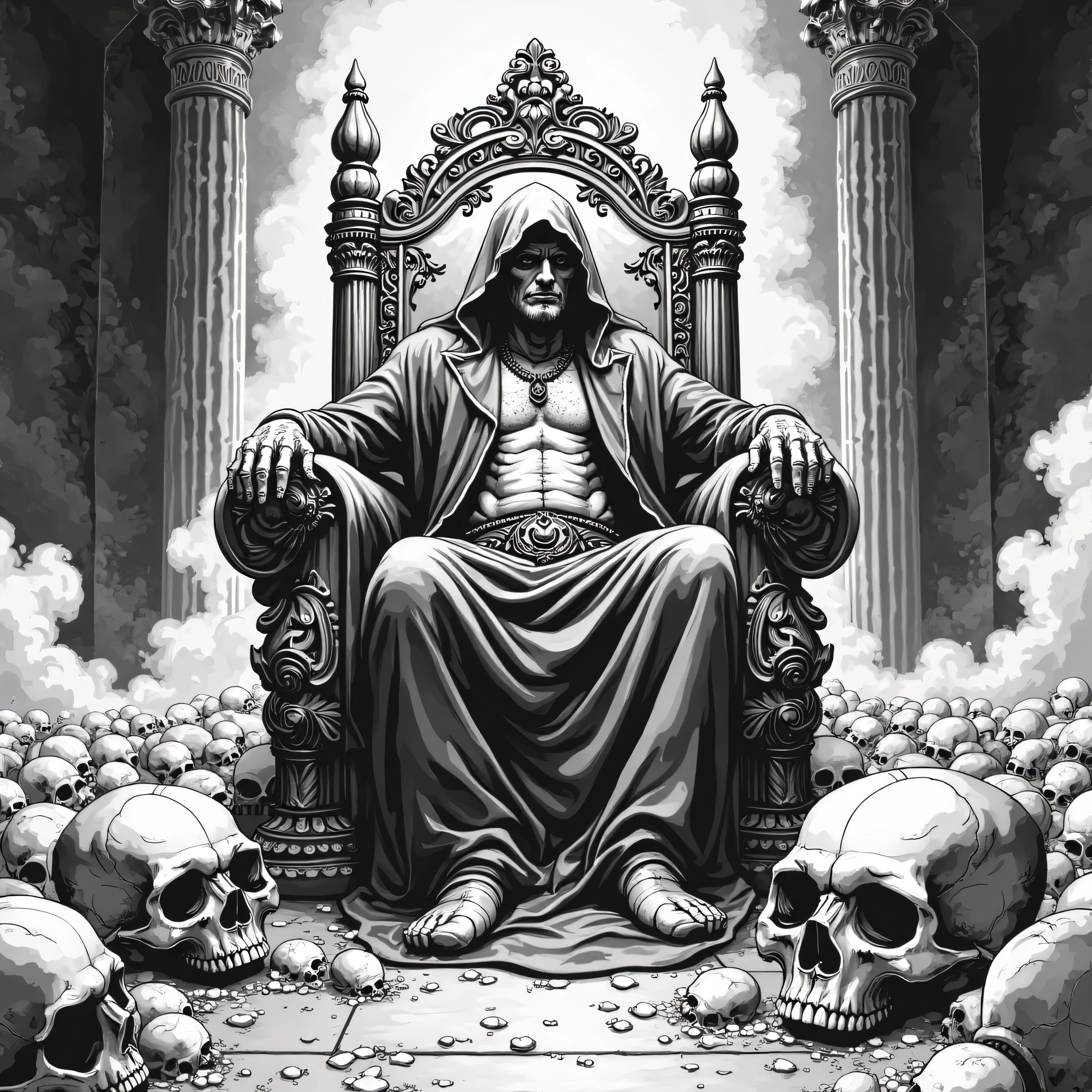 A black and white illustration of the Emperor of Mankind sitting on the Golden Throne. He is surrounded stacked piles of skulls. The Emperor's body slowly decaying, he is a skeletal figure with a long white beard. He is wearing ornate robes and has a laurel wreath on his head. Wires and tubes are connected to his body. The background is a dark, swirling vortex.
concept art, vignette, Imperial Aquila, grimdark, warhammer 40k artwork, intricately detailed.
By John Blanche.