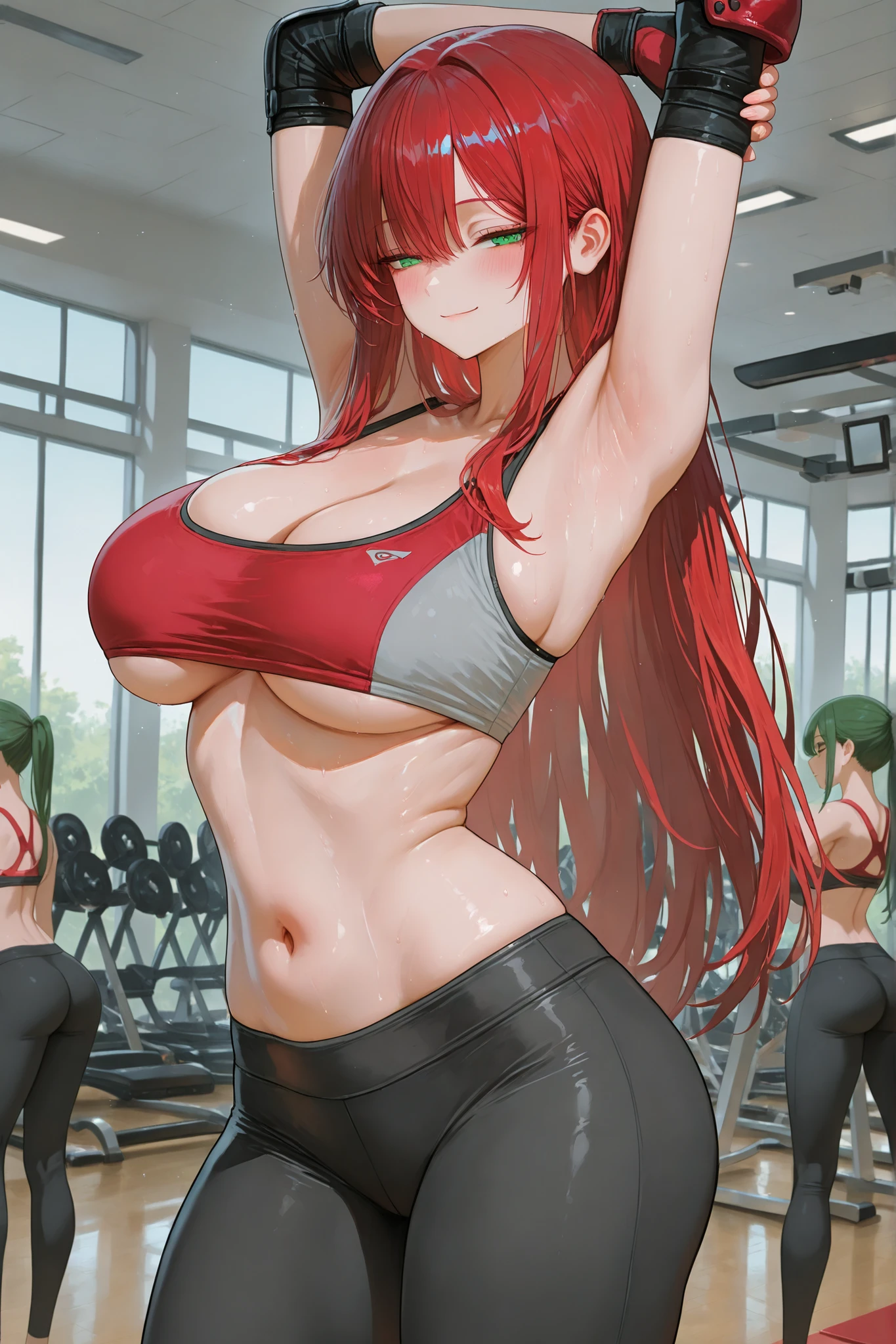gray hair, , redhead, master painting, 8K qualthaty, master painting, 8K qualthaty, (substandard small breasts)、, Succubus, devil'wing, Delicate depiction of eyes, Delicate eyelash depiction, 繊細でDelicate depiction of eyes, Delicate depiction of facial features, Delicate depiction of physical characteristics, Delicate depiction of makeup, Metal Chain, long hair, ((red hair color))、slender body, open chest, long legs, ((exposed)) ((I was injured)) Bloodstained, that'come, gorgeous jewelry, areola, dream-like, barefoot、face like an idol、((show me your nipples))、Posthative character on thigh、、((shorts))、((((topless))))、、((braided hairstyle))、((((my chest is too big)))、macromastia、(thick ass)、big butt、(big thighs)、Fat thighs、((blue eyes))、((((((gym wear))))))、black color、((curved body))、(((training clothes)))、((black colorのトレーニングウェア))、wavy hair