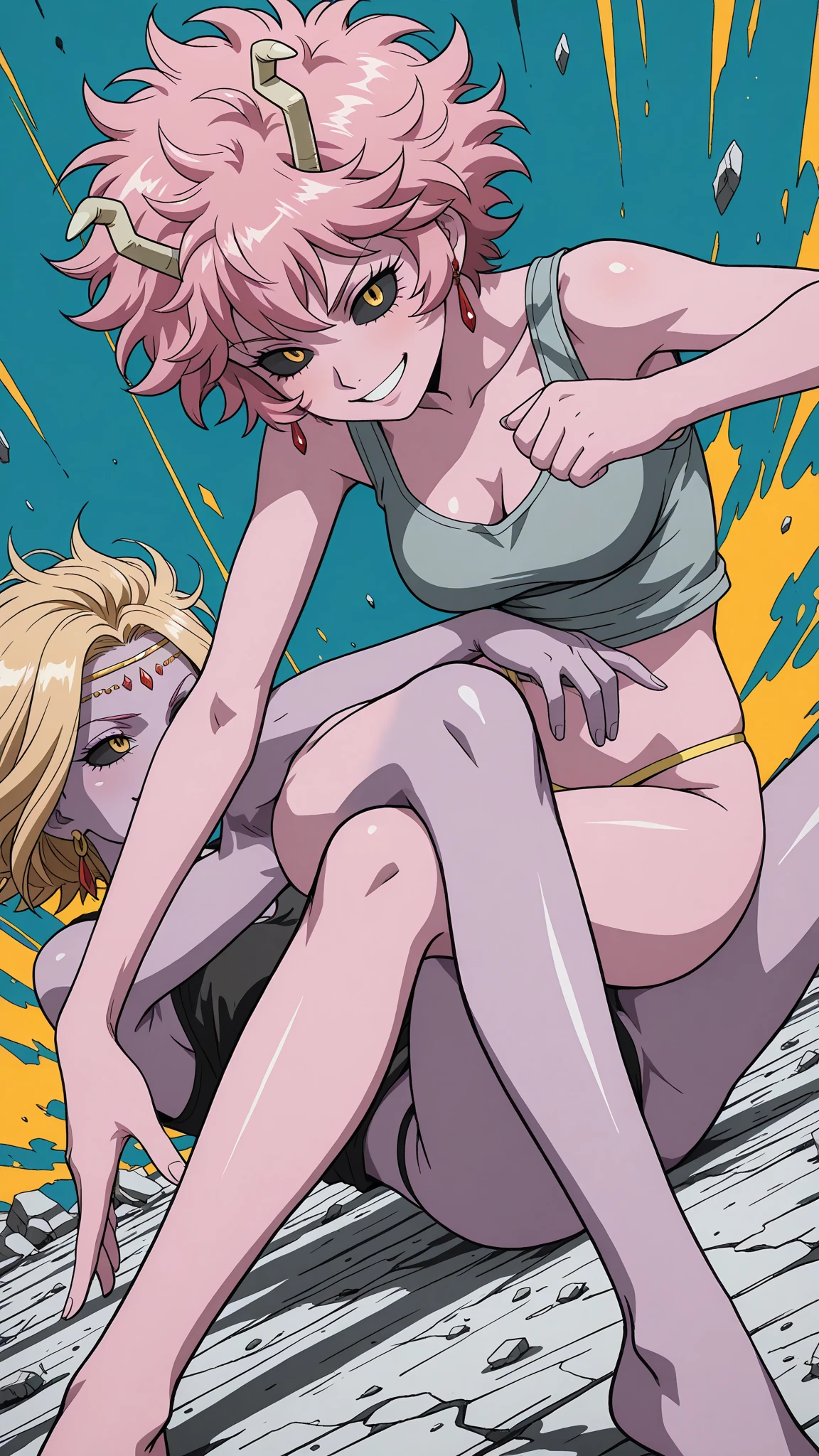 Serious face、(Grin:1.6)、(In 4K)、(High resolution:1.2)、(High freshness)、、(Whole Body Ezbian:1.2)、((short hair:1.2))、(Huge, Vibrant, Fake breasts:1.9)、Deep Valley、(Fight demons、Two brave women with great powers:1.6))、Skin Dance、 (Hard chest:1.6)、(Orange eyes)、((tight competition swimwear:1.6))、(Perfect body:1.8)、Wide Hips, Thick thighs, Huge Ass、Skin dents、(barefoot:1.2)、(Great abs:1.4)、(Tight waist:1.4)、(White Background)、(Dark Skin:1.4)、