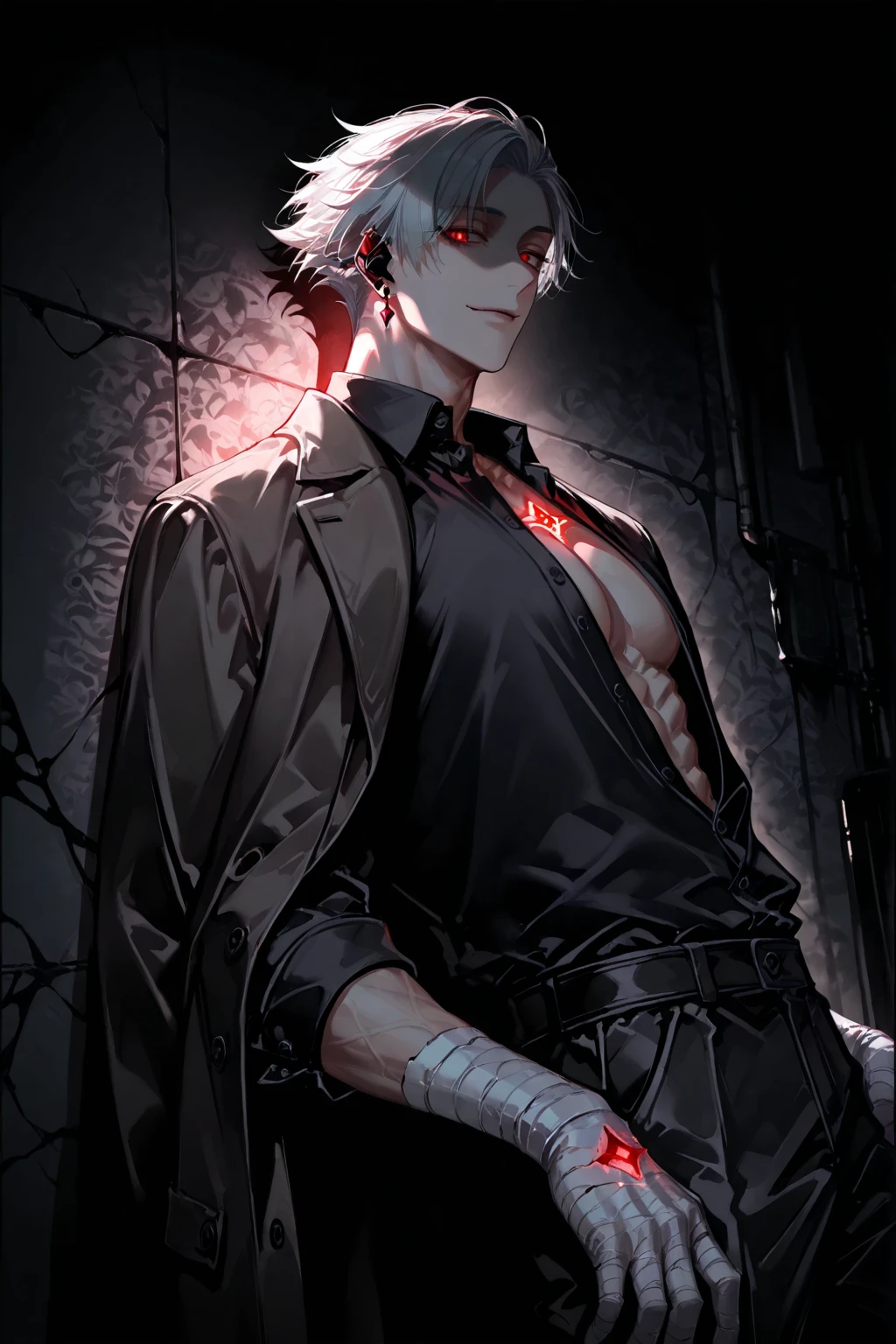 1 Boy , white hair , red eyes , Has a spider tattoo on his neck. , smoking , Bad Boy , wearing a black suit , injury , Masterpiece , best quality ,bloodstain , Handsomeness , white skin , nonsense , cool , Has Alpha label , in hand holding gun