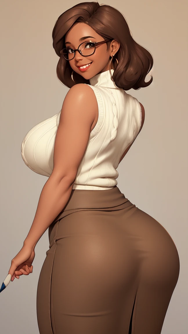 Mirabel Madrigal, Glasses, smile, ((sleeveless sweater)), market context, (((pencil skirt))), (((Brown leather))), detailed skin, perfect legs, perfect thighs, (((Curvy body))), big breasts, completely_naked, ((( take it from behind ))) (((show ass)))