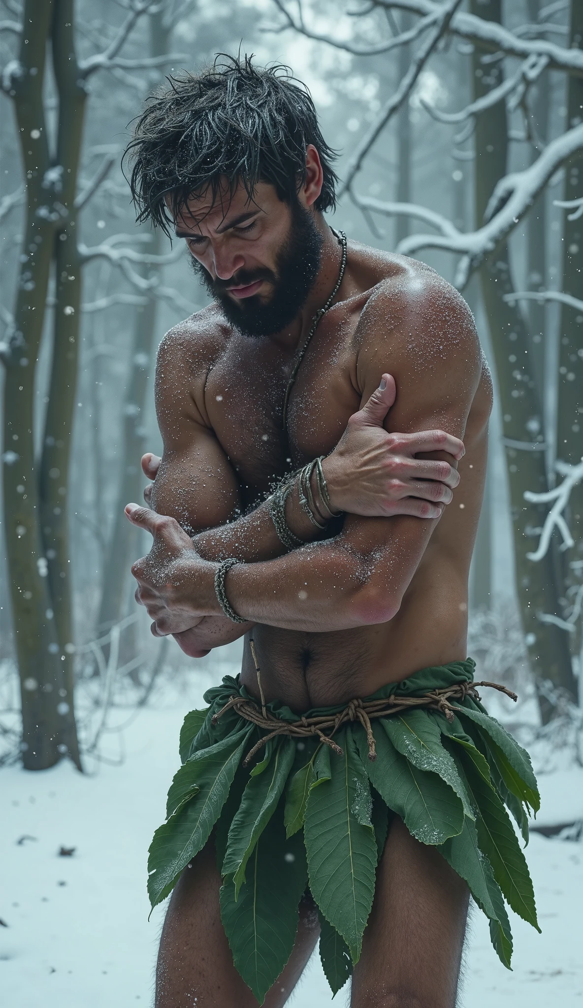 In a dark cavern, standing on a green-shining circle, shoulders hunched, head bowed, sweat dripping from his face, a middle-aged, very hairy,solidly-built superman stands naked in white briefs with a pained, pitiful expression on his face.