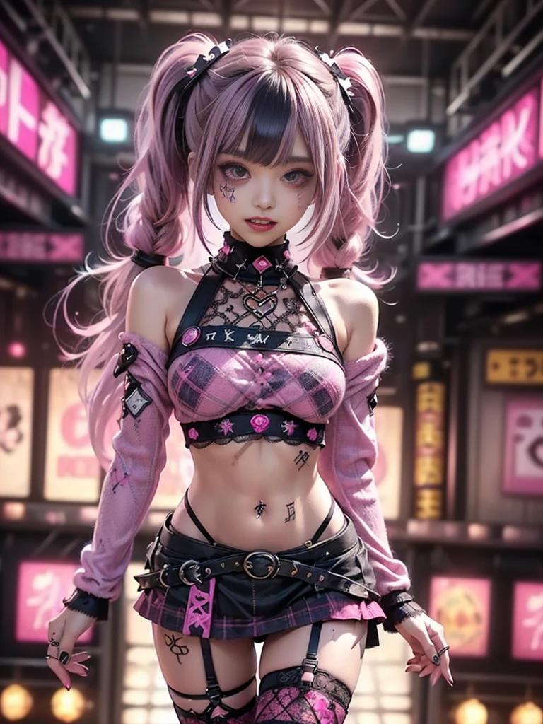 (Full Body View:1.2)、(Full body:1.3)、(Smiling with teeth showing:1.3),(Shibuya Gal:1.5)、(Gothic Lolita style fashion:1.5)、(Punk RockVisual Kei:1.5)、(Wearing a rhythmic gymnastics bodysuit with intricate details:1.4)、(Racing suit and pants with intricate decorations in magenta, denim and wine red:1.5)、(Red, brown and white boots:1.3)、((belt))、(Numerous delicate logo marks all over the costume:1.4)、(collar:1.3)、(Striped underwear:1.5)、30 years old、NSFW、((Highest quality、In 8K、masterpiece:1.3))、Sharp focus:1.2、(Layered Cut、Huge boobs:1.1),Beautiful woman with perfect figure:1.4、(Dancing vigorously:1.3)、Slender Abs:1.2、Highly detailed face and skin texture、Detailed eyes、double eyelid,(Twin tails:1.3)、(Pink and cream hair:1.3)、Gravure idol、(The background is the stage of the fashion show:1.3)、(Slim body:1.3),(Make your legs thinner:1.4),（clavicle:1.1）、(Thin and slim thighs:1.3)