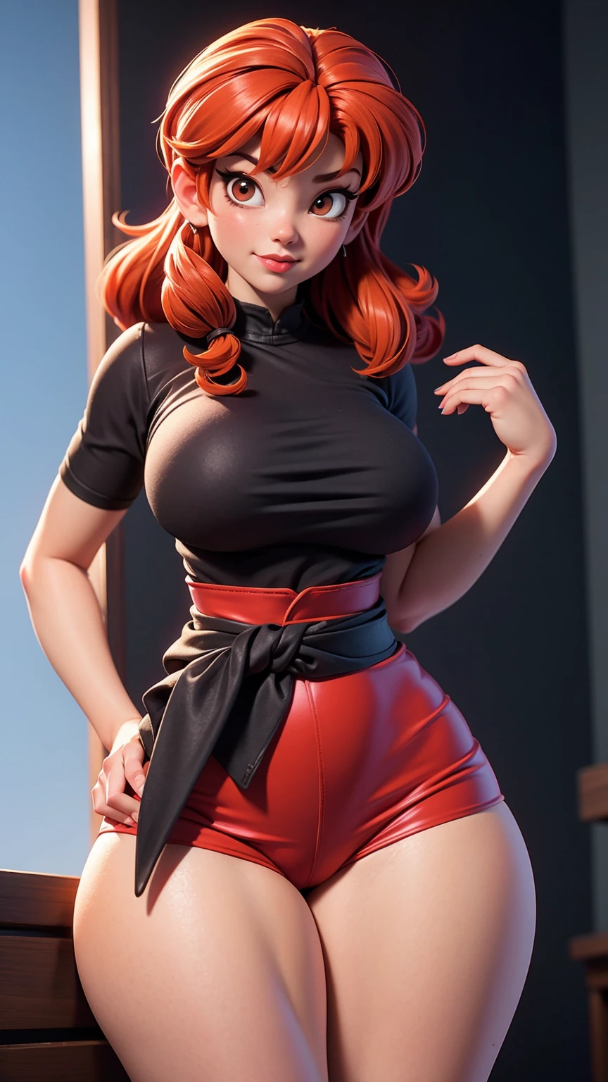 Lucy Pinder, portrait, face portrait, smiling, voluptuous, red lips, ponytail, straight hair, red hair, cleavage, t-shirt with sleeves, brown t-shirt, belt, ((wearing black vest over t-shirt)), ( (black formal pants)), sitting.