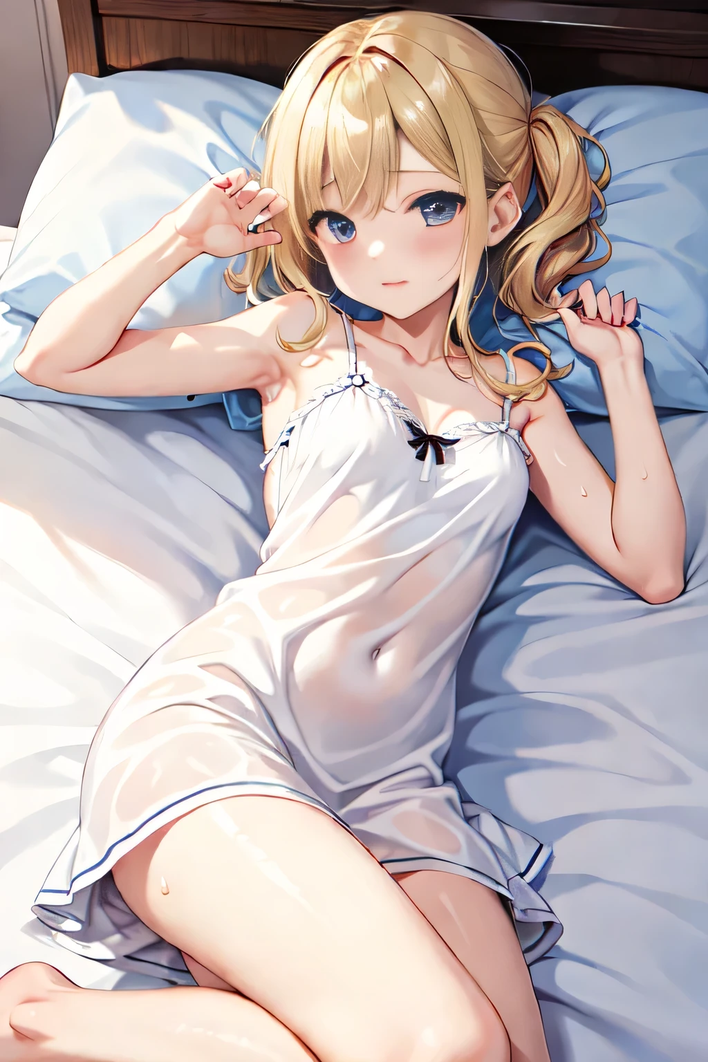 lighting like a movie、top-quality、Girl lying in bed、a blond、Medium chest、Cami One Piece、