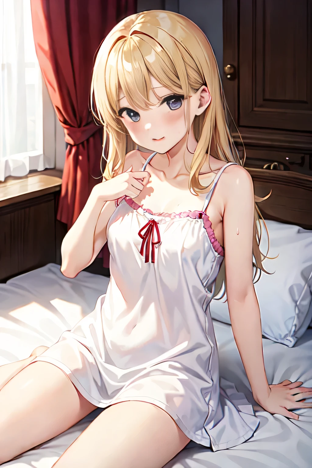 Masterpiece、Anime Coloring、Ultra fine、16K、Highest quality、from above、upper body、looking up、light smile、((((blush))))、sparkle in the eyes、detailed eyes、Looking up、bed、((Cover your mouth with a blanket))、Stylish room、Cute pink pajamas、((Pajamas with all the buttons open))、((Sky blue color bra))