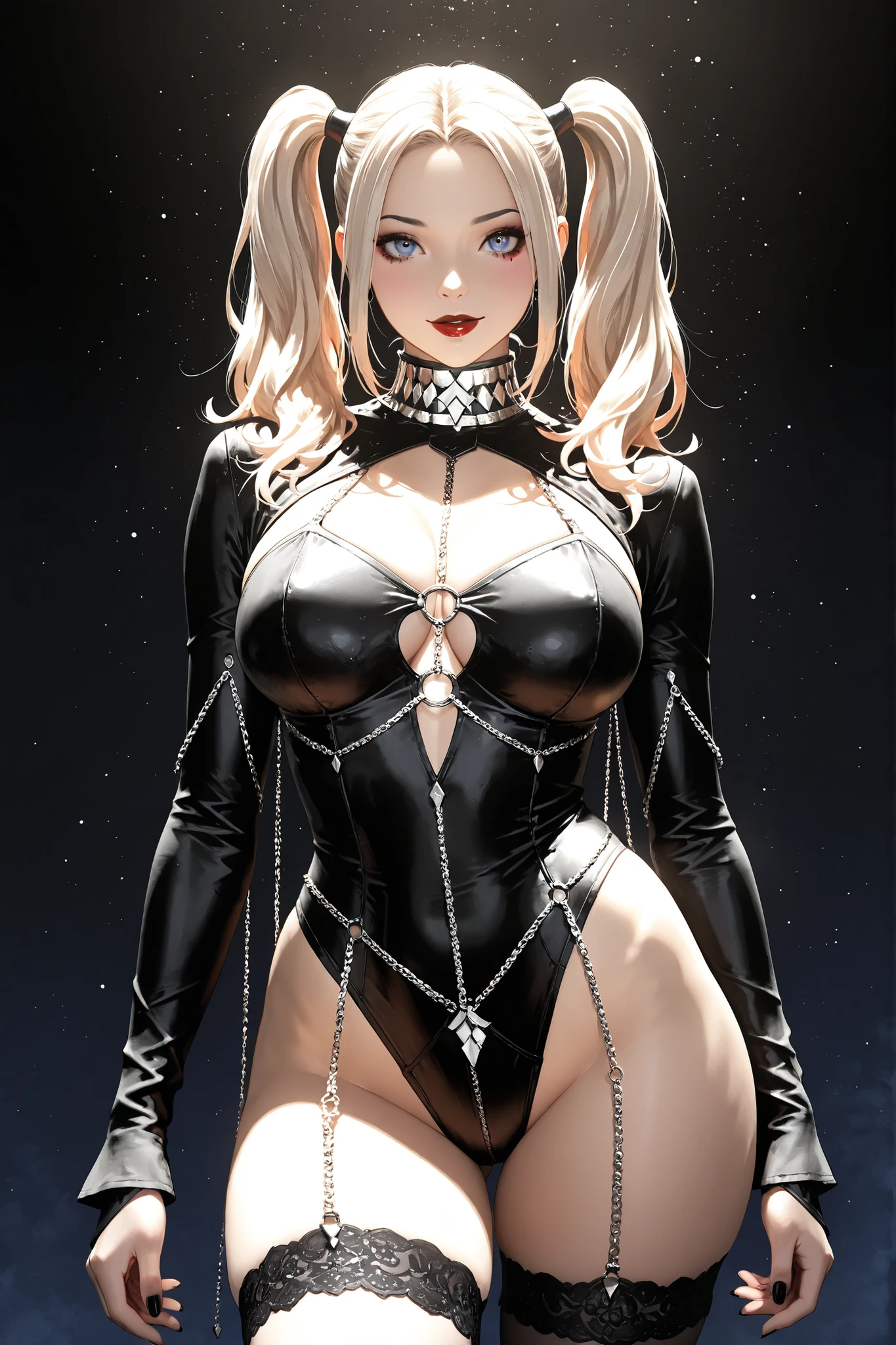 (masterpiece,ultra-detailed,best quality,8K,CG,realistic,illustration:1.2),(perfect-composition,detailed beautiful face,Clean skin,photographical skin,shiny skin,shiny hair, photographical hair,ultra detailed eyes,shaved,kawaii,uncensored:1.1),<lora:add_detail:1.8>, (petite girl:1.4) ,long hair,<lora:tenjouin_saki_v1:0.6>  long hair, blonde hair, double bun, drill hair, brown eyes, <lora:038 Chest open gelcoat nurse_v2:0.5> ruanyi038,thong,highleg leotard,thigh boots,bondage outfit,handcuffs,nurse cap,bdsm,cleavage