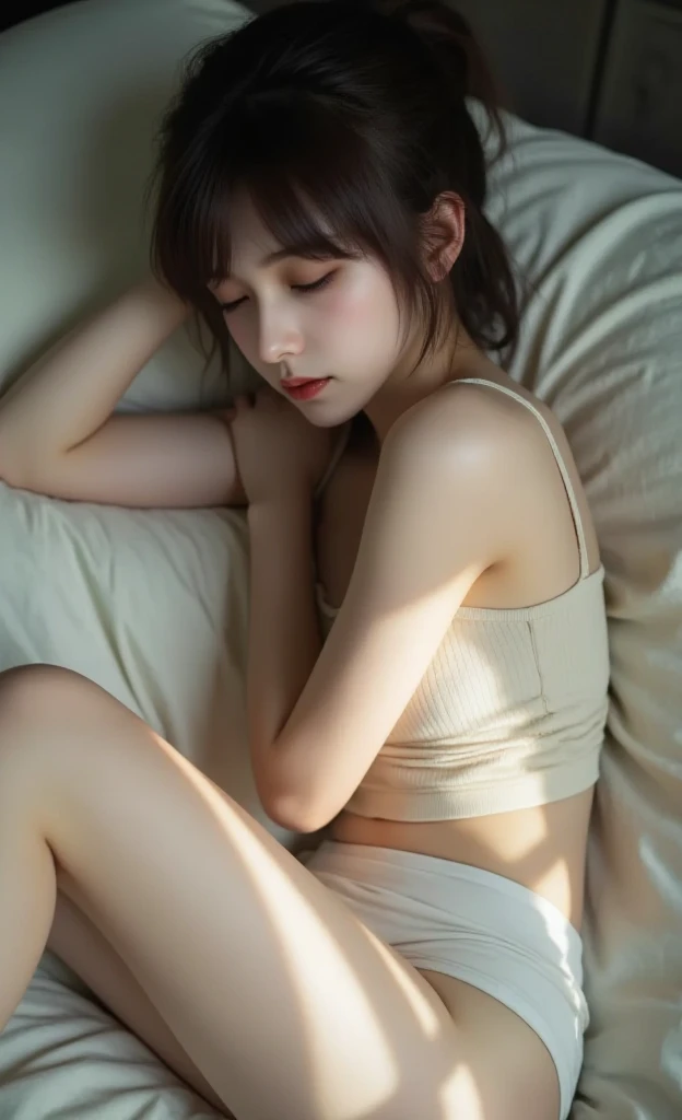 high quailty,detail,Girl sleeping soundly in bed,Wearing pink pajamas,Bare belly,Natural and authentic,Lighting and shadows