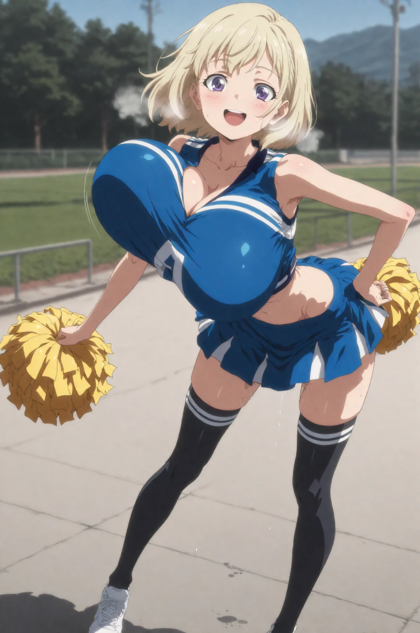 (best quality:1.5, highres, UHD, 4K, detailed lighting, shaders), blonde pigtails, large breasts, thighs, crotch, cheerleader outfit, crop top, skirt, sexy, erotic, lewd, seductive, perverted, hentai, flirting, smiling, blushing:1.4, skirt lift, panties, shirt lift, underboobs, standing, sweaty:1.3, close shot, field background