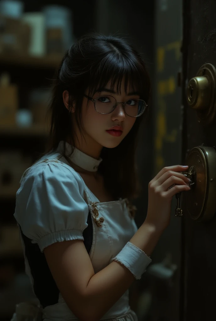 ((top quality、masterpiece、high sensitivity、high res、Detailed Description、depiction of delicate faces、Ｆvalue：6.0),((Slender Woman、wearing glasses)),(Maid Outfit、apron skirt、high socks with ribbon),are advanced digital art、Underground Warehouse、Hold the key and open the、padlock、