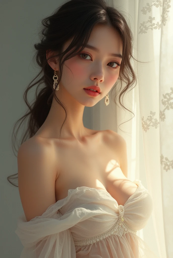 (A woman stands, naked, Hanfu Chinese, a delicate and slender face, almond-shaped eyes as beautiful as an oriental girl, full and alluring lips, her shiny black hair falls in waves around her radiant face.)Showing you the beauty of her body, her plump and beautifully shaped genitals are exposed without any hiding, looking like a flower girl, ready to give you unlimited pleasure, this is all the beauty I have… Drink me up, she whispered hoarsely, moving her hips up and down slowly and seductively, reaching out her hand to pull you closer.