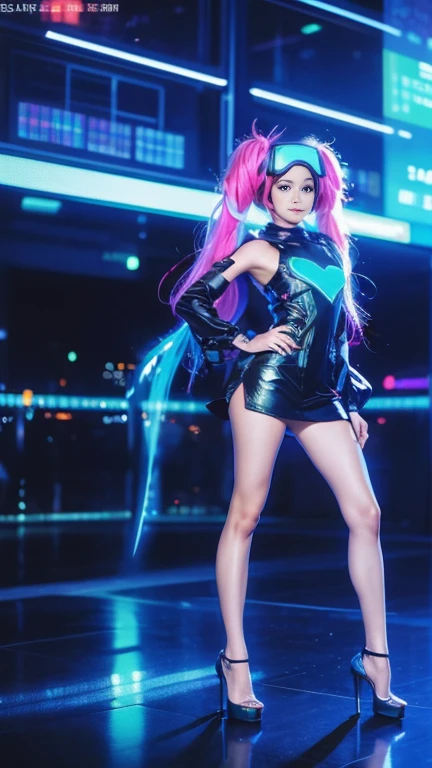Masterpiece, exquisite, 8k, 1 girl, luminous skin, exquisite long hair, silver | pink | blue hair, exquisite makeup, lipstick, eye shadow, eyeliner, Laser vest, pink Cowboy hat, (Phosphor stockings:1.2), Cyberpunk, neon light, blue purple light, shining, (technology city:1.2), (bright, daytime,:1.1), (color lens glasses:1.1)