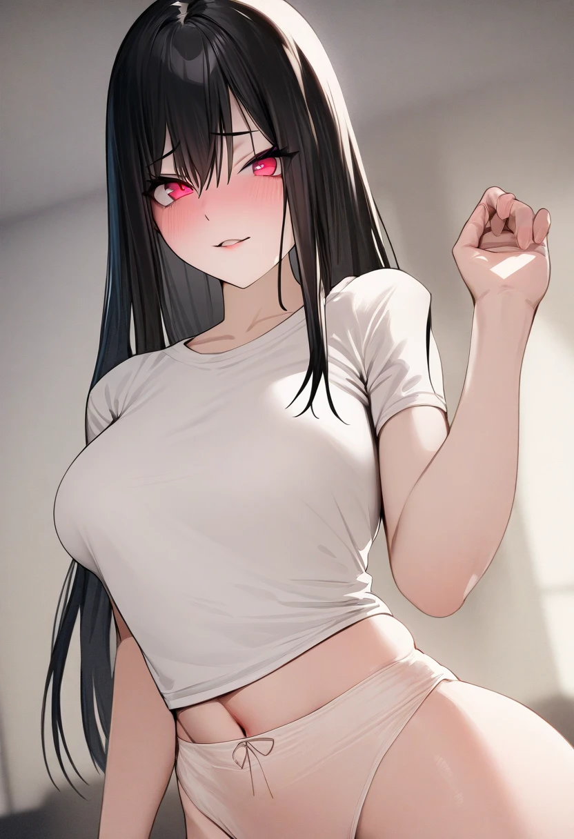 Rio, blue file, black hair, Very long hair, Red eyes, Big breasts, Vest, Stomach, navel, Running Dolphin Shorts,damaged clothes,holes in clothes,Battle damage,seriously injured,blush,Gasping lightly