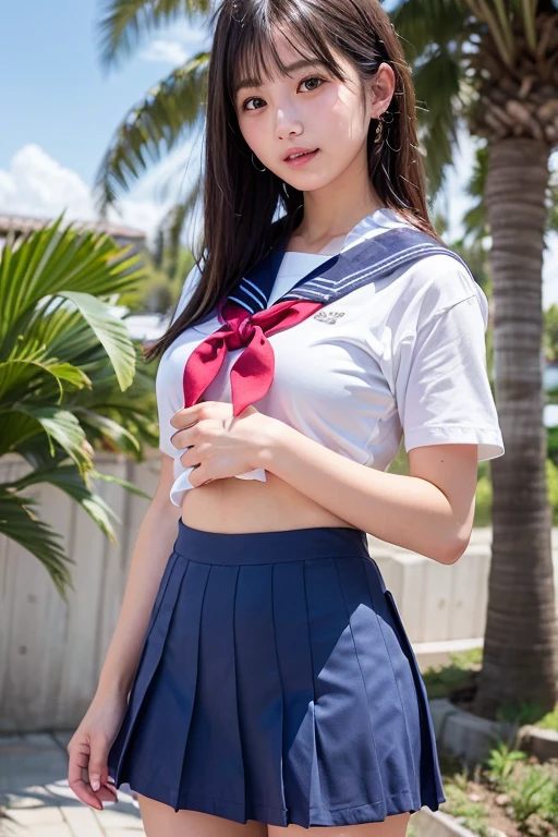 (best quality, 8k, 32k, masterpiece, UHD:1.2), (RAW photo), (realistic), (photorealistic:1.2), (high resolution), huge filesize, ultra-detailed, extremely beautiful face & eyes, perfect double eyelid, 1girl, japanese elementary school student,14yo, 13yo, 12yo, round small face, baby face, thin waist, beautiful belly skin, large breasts, slim proportions, perfect thin thighs, small butt, (darkblue pleated mini skirt, japanese sailor, sailor fuku, serafuku, japanese school sailor suit, sailor red neckerchief), nice hands, perfect hands, accurate hand depiction, sweaty, shy smile, pure white teeth, from below, (blue sky, summer, sun, beach, palm tree, outdoors), portrait photography,