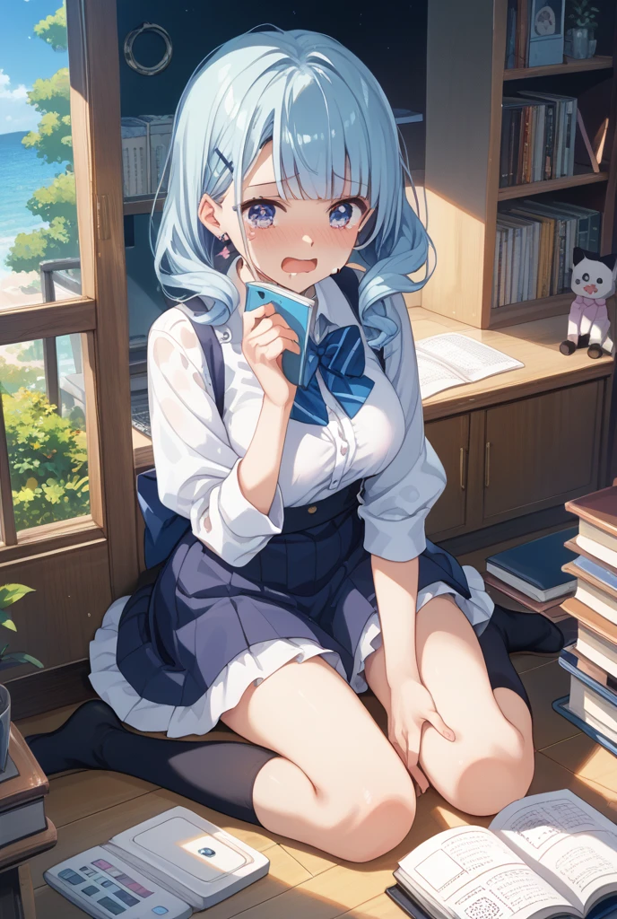 (masterpiece, top quality, best quality, official art, beautiful and aesthetic:1.2),ultra-detailed,intricate details,amazing illustration,award-winning art,atmospheric, 
BREAK,   1 beautiful girl, (17 years old girl),Solo,(Cute:1.5),(Chibi:0.6),(kawaii:1.5),(Lori:0.5),BREAK,(17 years old girl), 1 beautiful girl,Very detailed,colourfull,highest details,Clear skin,Beautiful skin,Shy,Very detailed,colourfull,highest details,BREAK,Clear skin,Beautiful skin,Shy skin,BREAK,(Heterochromia,blue eyes,Green eyes, Eye Highlights,The first hyperfine stars:1.45),star eye silhouette ,BREAK,(pale blue hair, Medium length:1.4),(side ponytail,A little curly hair,Princess Cut, crossed bangs:1.3),(large breasts,Beautiful breasts(best quality face),(Top quality glowing eyes),(The best smile,:D:1.45),  BREAK,

sitting, leaning back, arm support, knees together feet apart, from below, close-up pussy, dutch angle,embarrassed, (closed eyes:1.2), open mouth, sleepy, surprised, tears

BREAK school uniform, (white collared shirt:1), long sleeves, red neck ribbon, (unbuttoned cardigan:1), beige cardigan,
BREAK (blue checked skirt:1.1), white socks, loafers
BREAL hallway, floor, window, shiny hair, portrait, panorama shot, cinematic angle, BREAK,wakame,wakame,wakame,(Cowboy Shot:1.4),

BREAK,(Blurry background:1.3),(absurderes, hight resolution, Super Detail Art),cel shading,Clear Color, Lonely optical effect, Beautiful pictures, Bright glow, mystic atmosphere,(Close-up of girl:1.1), Mystical light particle effect,manga influence, clean line drawings,