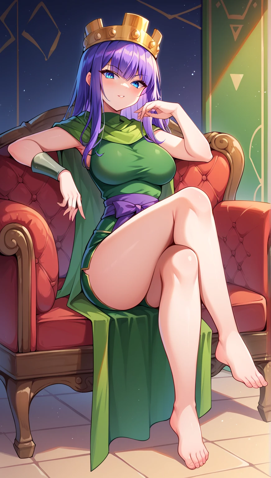 (nsfw:1.2), (Loose dress:1. 5), (Red deep plunge neck dress), Sideless, Purple Bob Kat, High leg long dress,  Exquisite Luxury Room, ,Luxury mansion in the suburbs, View your viewers, Grin, Bangs, eye shadow, Low Ponytail, lipstick, correction, Beautiful delicate face, Beautiful small purple eyes, Bare shoulders, Red elbow gloves, Large Breasts, valley, necklace、She spreads her legs and asks him to lick her clitoris.、