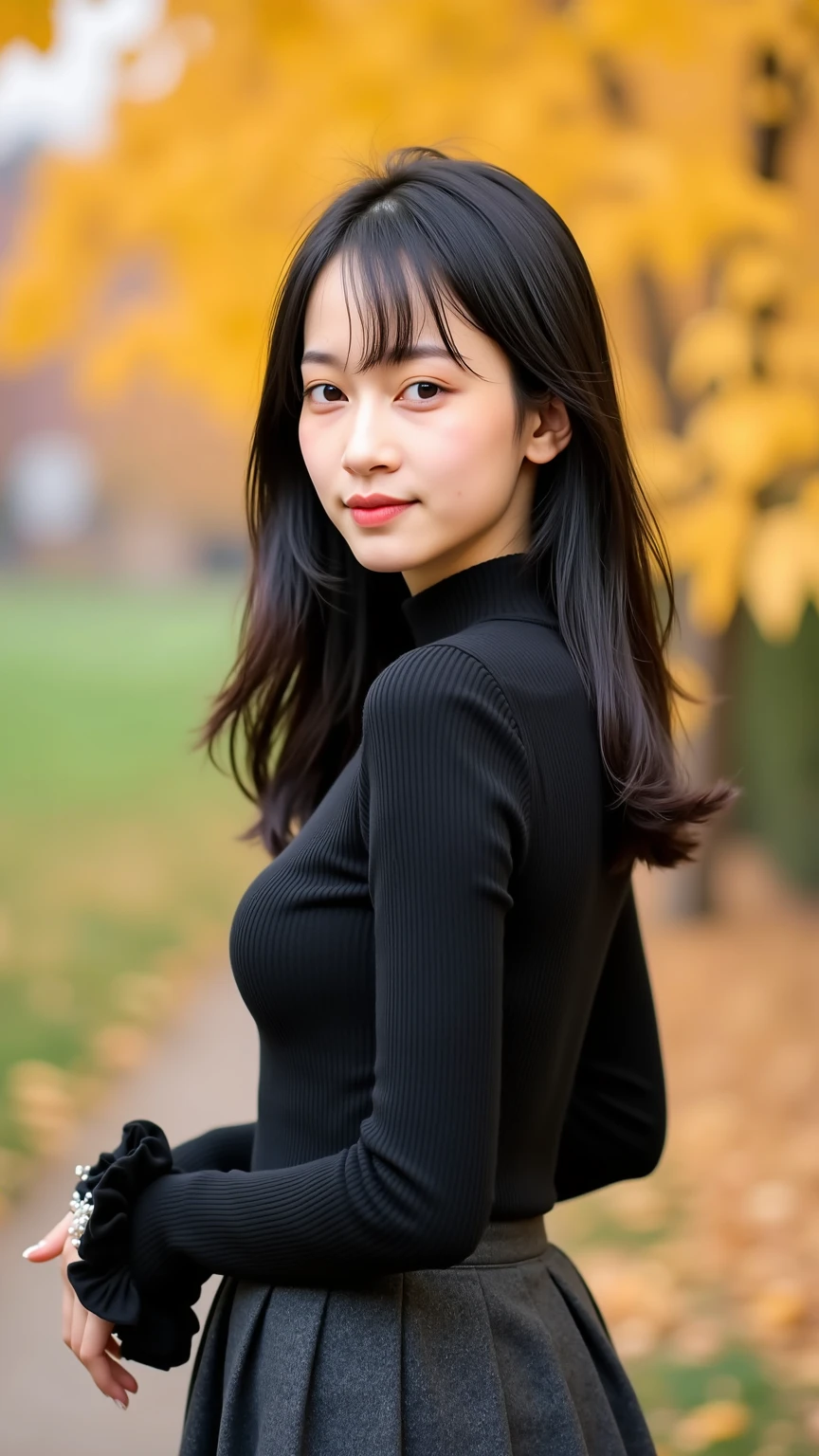 Half-length glamour portrait, nikon D850, f1.6 lens, 200mm, DSLR, 22 Megapixels, (((Tree-lined driveway leading to a private residence scene))), shot of a stunning 19 years old korean girl, (smile:1.4), (wearing Trench coat with black corduroy dress:1.6), ((seductive pose)), hot girl, (((big natural breasts))), (((black fringe hair))), (small girl), symmetrical face, photorealistic, photography, (bright natural lighting), gorgeous, deep cleavage, (masterpiece), best quality, high resolution, extremely detailed, cinematic lighting, (((very narrow waist))), rich colors, hyper realistic, lifelike texture, ((jewelry)), (((She has beautiful hands and wears rings))), (bracelet), (necklace), (ankle chain), (nail polish) (earrings), Fuji Superia 200, 8k
