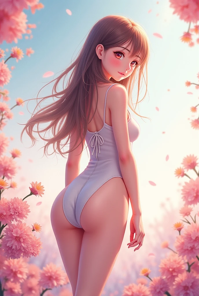 Create an anime style woman with a large butt and breasts, facing away in a sensual way.