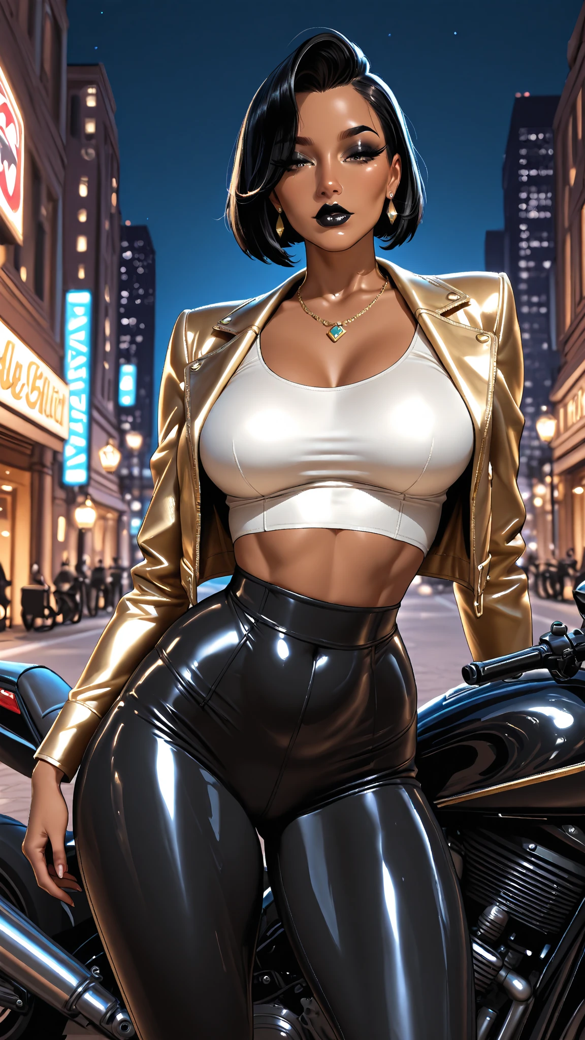 girl,((((black race)))),((beautiful girl)),
(large breasts:1.4),saggy breasts,(((black hair:1.4,hi-top fade Haircut:1.4,hi-top fade:1.3,Mohawk))),(((golden_eyes:1.3))),intricate eyes,beautiful detailed eyes,symmetrical eyes,((fat)),(((an,dark skin,black skin:1.35,dark-skinned_female,dark skin:1.3,ebony skin,lustrous skin:1.5,bright skin: 1.5,shiny skin,very shiny skin,shiny body,illuminated skin,wet legs))),(spider lower abdomen,narrow waist,wide hip,imbo body,inflated legs,detailed body,(detailed face)),
cute,slutty,seductive,erotic,(((nsfw))),evil woman, villain, ambitious look,
(((golden formal blazer,black formal pants,))),(((huge cleavage,deep neckline,cleavage))),((wet clothes,intricate outfit,intricate clothes)),
(dynamic pose:1.0),solo focus,((smug)),(centered,scale to fit dimensions,Rule of thirds),
cyberpunk city by the ocean at night, with bright neon signs and dark stormy clouds and puddles, scenery:1.25,
highres, sharp focus, (ultra detailed, extremely detailed), (photorealistic artwork:1.37),(extremely detailed CG unity 8k wallpaper),((synthwave background theme)),(((vibrant colors))),(intricate background),(masterpiece),(best quality),