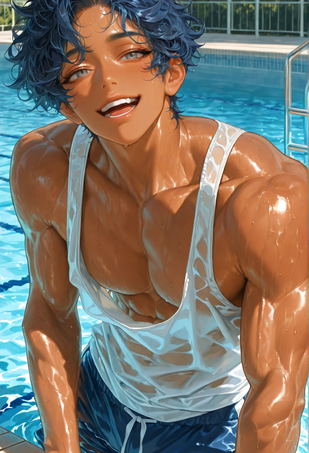 highest quality、realistic、boy、Japanese、Poolside、sit、blue bikini、sunburned skin、sweaty skin、swollen crotch、smile