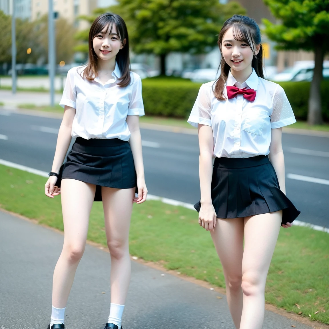 (masterpiece, highest quality:1.4), award-winning portraits, 8K, 85mm, alone, beautiful face, delicate girl, , (dark navy blazer jacket), dark navy skirt, long sleeve, violaces, gardenia, grace, Sophisticated, cute, teen, looking at the viewer, 15 years old, Raw photo, disorganized, HDR, sharp focus, A bow tie, background bokeh、(((flat 、thin and delicate body、A childish atmosphere)))、Her shiny semi-long hair is tied up、hair swaying in the wind、Mole on the left cheek、large, round, dark blue eyes、full body、random pose、Run、sprinting、Skirt fluttering in the wind、Junior idol、Nogizaka Idol、widening skirt、jump、mole under eye、sexy、white panties