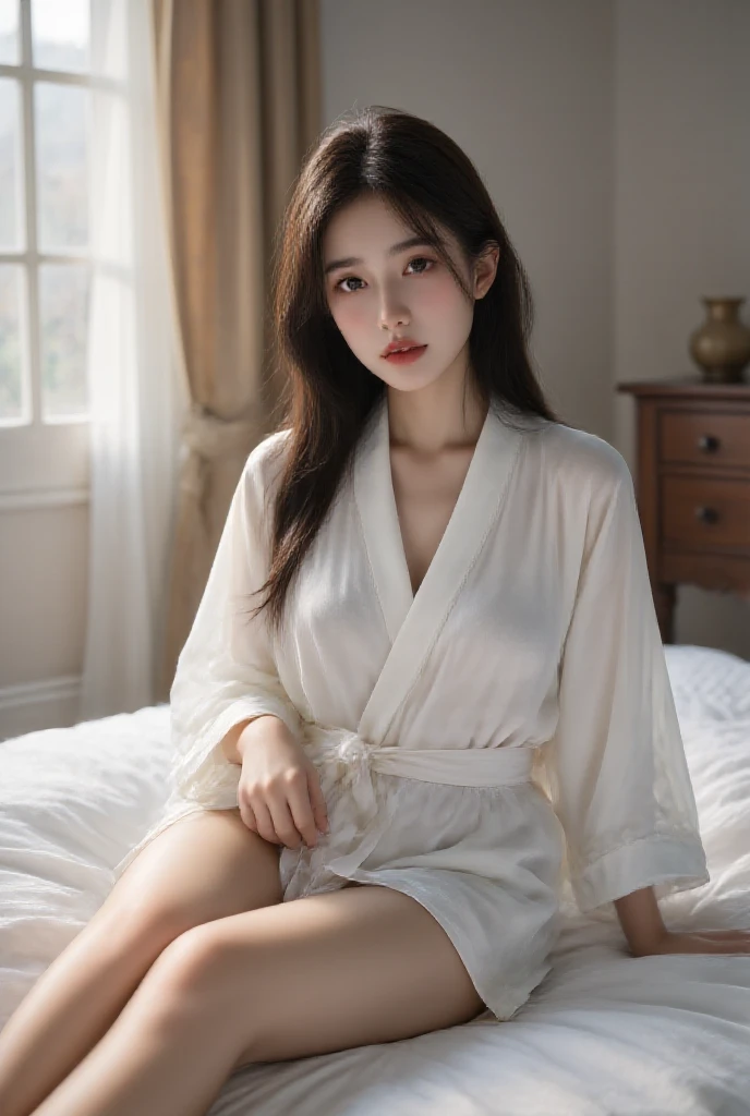 Innocent 14-year-old girl、(Wearing pajamas)、Sitting in the room、A Smile、Raw foto, (8K、Top Quality、masterpiece:1.2)、(delicate detail:1.4)、(Photorealcitic:1.4)、octan render、Complex 3D rendering, Ultra-detail, Studio Soft Light , Rim Light, vibrant details, Super detailing, Realistic Skin Textures, Detail Face, Beautiful detail eyes, Highly detailed CG Unity 16k wallpapers, Makeup-, (detailed background:1.2), shinny skin、turned around、exposed thighs!!!、