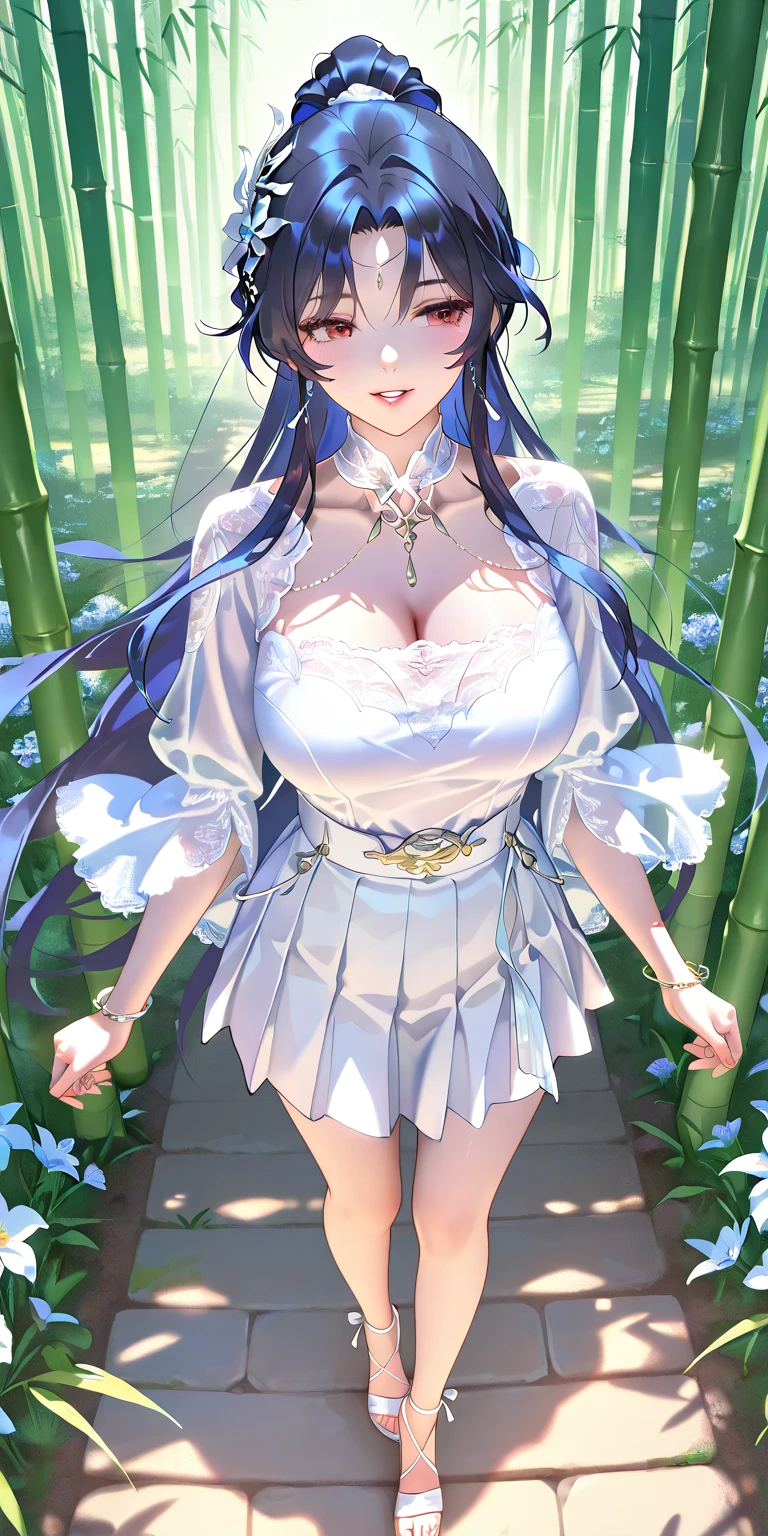 1girl,big breast,black hair, ornament hair, white Chinese dress, ultra detailed, masterpiece, realistic