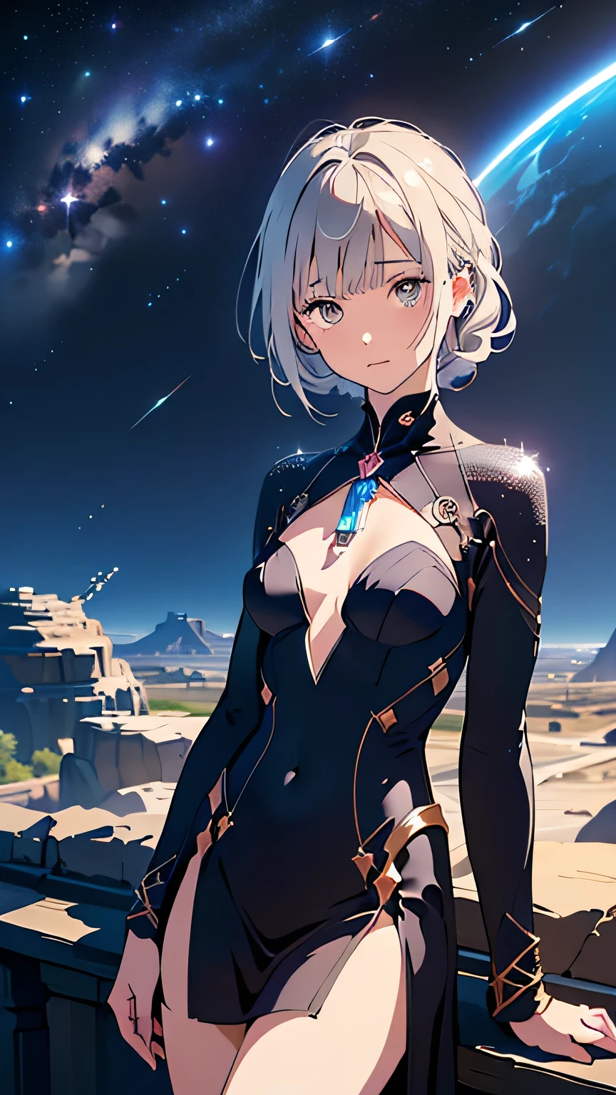 Highest quality, Highest quality, 16K, SFW, Unbelievably absurd, Very detailed, delicate and dynamic, Natural light, The particles reflect the colors of the rainbow, Diffuse reflection of light, Vortex of Light, There are many sandstorms, Beautiful desert, Colorful starry sky, Beautiful starry sky, milky way, shooting star, Moonlit Night, Sand Dunes, Create amazing image effects, upper body close-up, pyramid, (Cute sexy girl, firm chests, Sensual expression, Passionate, Hilarious, Vibrant, princess of dune , Lavish décor, Dancing against the backdrop of a starry sky)
