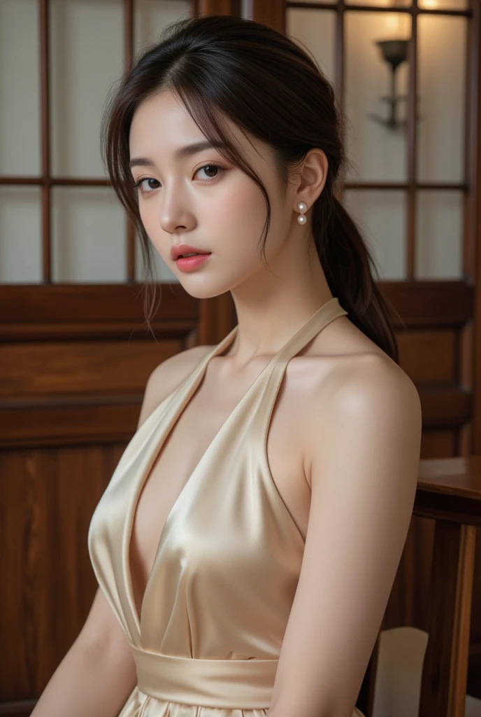 Beautiful woman with detailed body、tiny chest、The upper part of the body、Brown bob hair、perm、rcasual、high-necked、sleeveless