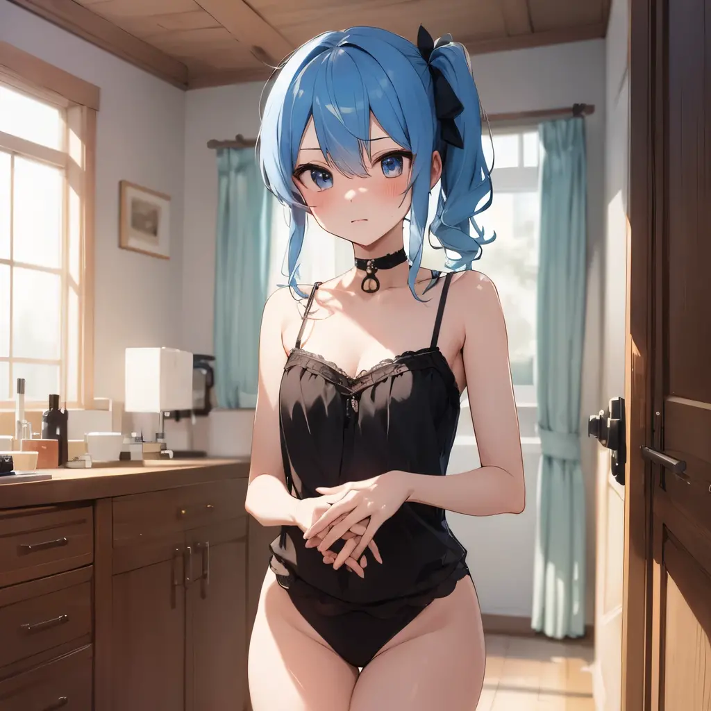 ((1beautiful girl)),(​masterpiece)), ((top-quality)),((Vivid light and shadow depiction)), (The ultra-detailliert), ((kawaii)), cute little, (Detailed body line depiction), ((detailed face depiction)),((ighly detailed)),  (8K), top-quality, (Beautiful fece),(((World-class quality))), ighly detailed, hight resolution,(((独奏))),((((Light blue hair)))).((((shinny hair)))),(((White and beautiful skin))),(((normal breast))),(((Hanging eyes))),((Thick eyebrows)), (((Beautiful light blue eyes))),(((long transverse hair)))),(((short bangs))).(((put out one's forehead))),(((Short ponytail)),(((Bold poses))),(((Gentle smile))),(((red blush))),(((Show breasts))),(((Composition seen from below the side))),(((composition seen from below))),(((Composition looking up from your feet))),(((Wet:1.2))),(((Detailed panty depiction)))、(((Blue and yellow striped panties))),(((Sports bra with blue and yellow stripes))),(((Dark hotel room))),(((A lot of used condoms on the bed)))、(((On the red bed)))、(((Stand with your legs open、Leaning back))),(((Shift bra to show breasts))).(((Emphasis on panties))),(((beautiful waistline))),(((Beautiful back))),((Beautiful and toned body)),(((Delicate panty depiction))),(((steam))),(((Dripping sweat))),(((小柄))),(((Short stature))),(((Emphasis on the crotch))),(((Detailed crotch depiction)))