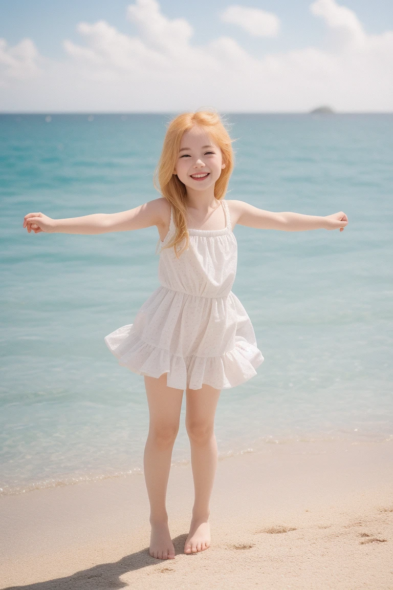 Raise a one-year-old child with short blond hair, with a crown on his head, sitting on the waters of the sea, staring at the photo