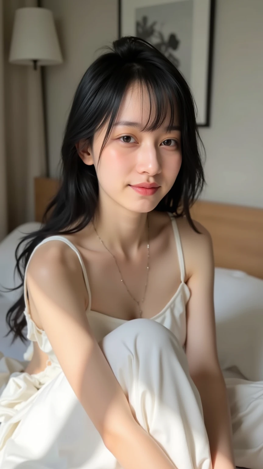 ((Highest quality)), ((Photo quality)), (detailed), Perfect Face,12 years old,Upper Body,Thin arms,White skin,bed,Blowjob