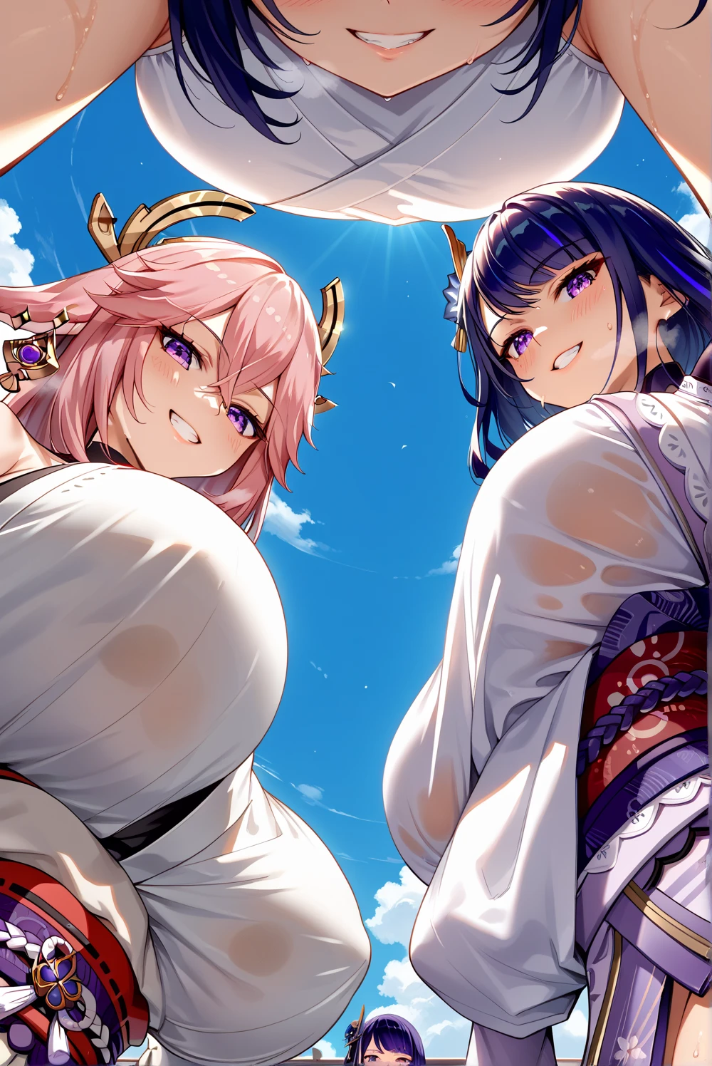 masterpiece, best quality,multiple girls, breasts, (2girls:1.3), yae miko, raiden shogun, purple eyes, pink hair, japanese clothes, purple hair, (gigantic breasts:1.4), long hair, cleavage, hair ornament, thighs, purple kimono, thighhighs, bangs, animal ears, detached sleeves, fox ears, wide sleeves, kimono, moon, weapon, braid,(kbxll:0.8),mature female,thick thighs,
plump figure,smile,