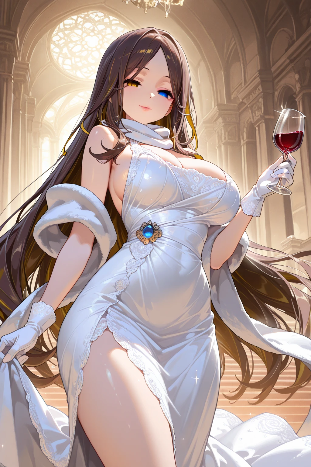 A masterpiece, Very detailed, ultra detailed, Alone, female, long dark blue hair, straight hair, golden eyes with slanted pupils, scales on arms, big breasts, high, ELEGANT DRESS, priestess, gentle smile, outdoor stone temple, draconic hands, cola, draconic horns, autumn forest, close up, broad smile, Chapped lips, long and thick eyelashes, squinted eyes, Santa, white scales, chalice with wine, bare shoulders