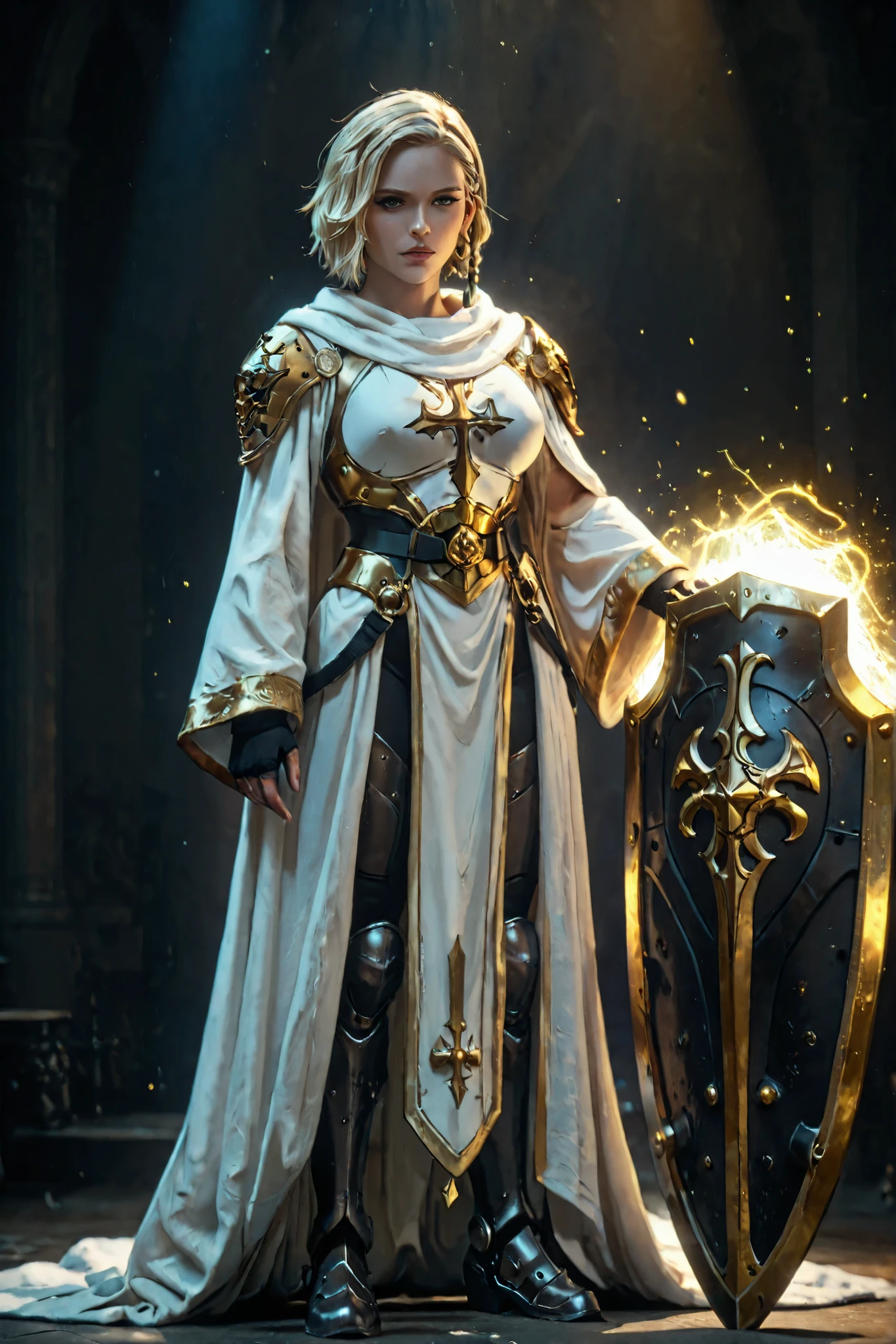 A character reference concept art in a realistic mature anime belnd with subtle 3d cel shading, studio lighting soft glowing highlights , strong rim light, dramatic back lightd ,soft defused frontal lights and strong light glow casting sharp shadows creation a strong contrast effect, strong rim light in a frontale view full body shot standing in A-pose with simple background. The character is a female human paladin, with fit curvy body shape mature and busty alluring figure yet muscular, 180 cm, perfect beautiful face features with thin snob nose, thick kissable lips, (blond side bob short hair with side braid and bangs), (blue doe eyes) expressing challenge discipline and pride, thick blond eyelashes and blond eyebrows, wearing a (white paladin robe) with (golden ornement) over a (black iron body armor), (on side big iron lion head pauldron), (iron boots), holding a (massive iron great shield with lion head seigle), golden holy volumetric aura particules