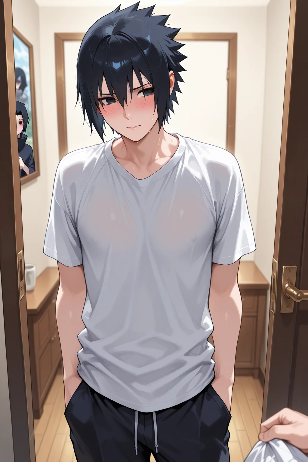 Cool guy、White shirt、Black Hair、Dark Eyes、nsfw、masturbation、Are standing、