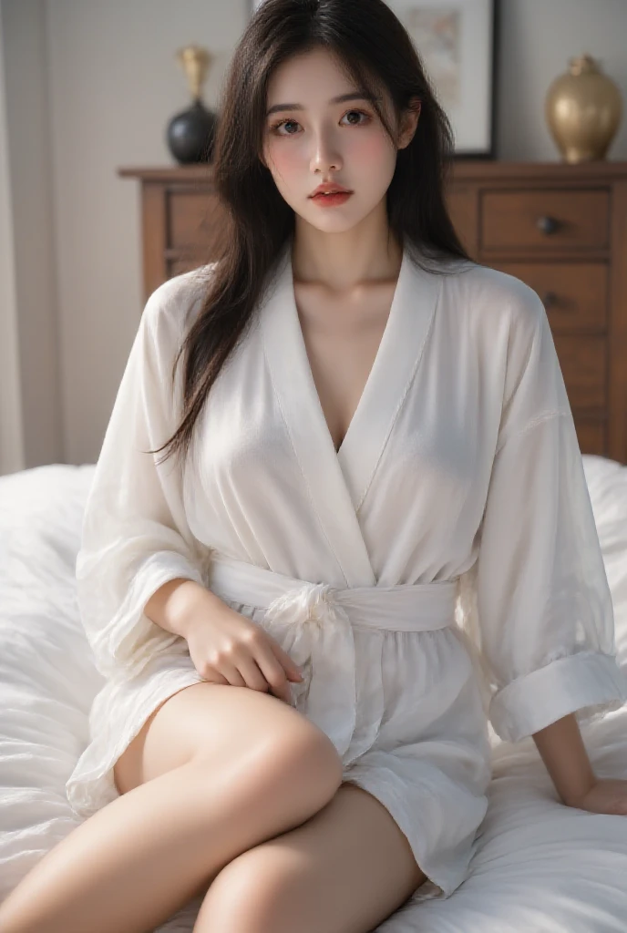 araffe asian woman in white robe walking down a hallway, white silky outfit, wearing white silk robe, wearing white silk, in white clothes, wearing white pajamas, pale milky white porcelain skin, wearing a nightgown, nightgown, smooth white tight clothes suit, wearing dark silk robe, flowing robe, wearing silver silk robe, heonhwa choe, korean girl