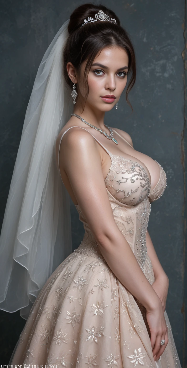 ((Realistic lighting, Best quality, 8K, Masterpiece: 1.3)), Clear focus: 1.2, 1girl, Perfect beauty: 1.4, Slim abs: 1.1, ((dark brown hair, Big breasts: 1.2)), (Wearing ultra-thin white sheer lace wedding dress: 1.4,) luxury bedroom, ultra-fine face, fine eyes, double eyelids, sitting on the bed, seductive, aroused