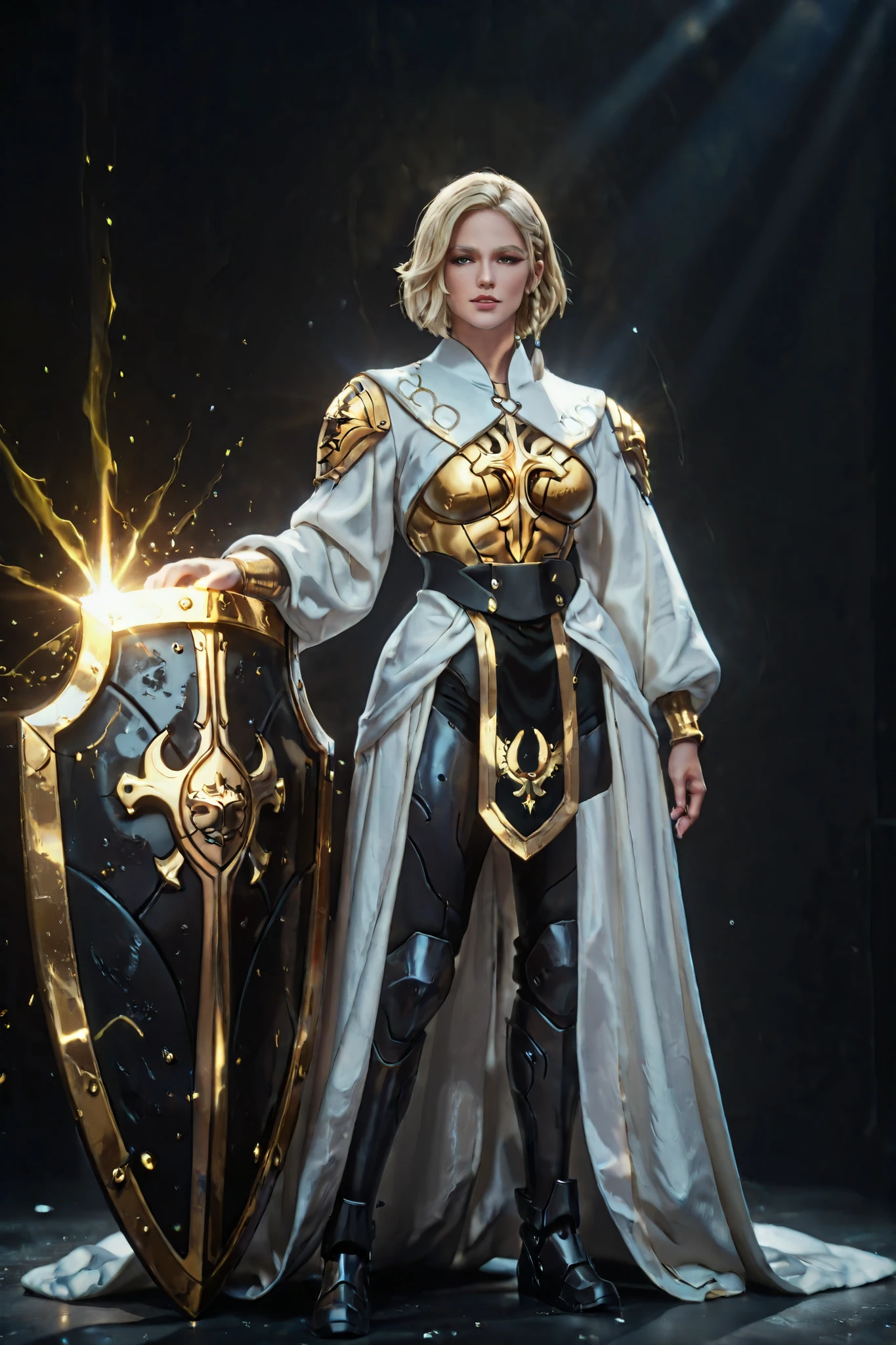 A character reference concept art in a realistic mature anime belnd with subtle 3d cel shading, studio lighting soft glowing highlights , strong rim light, dramatic back lightd ,soft defused frontal lights and strong light glow casting sharp shadows creation a strong contrast effect, strong rim light in a frontale view full body shot standing in A-pose with simple background. The character is a female human paladin, with fit curvy body shape mature and busty alluring figure yet muscular, 180 cm, perfect beautiful face features with thin snob nose, thick kissable lips, (blond side bob short hair with side braid and bangs), (blue doe eyes) expressing challenge discipline and pride, thick blond eyelashes and blond eyebrows, wearing a (white paladin robe) with (golden ornement) over a (black iron body armor), (on side big iron lion head pauldron), (iron boots), holding a (massive iron great shield with lion head seigle), golden holy volumetric aura particules