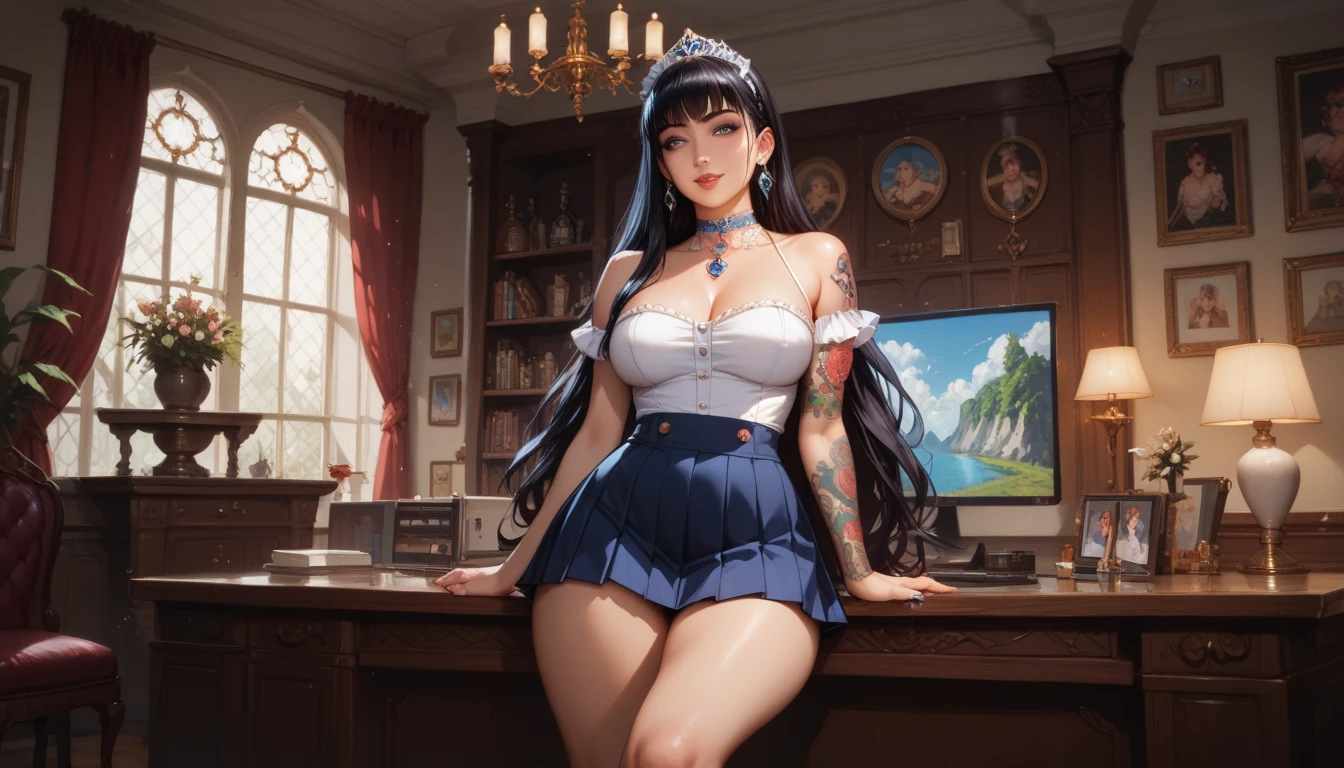 top-quality, 4K picture quality, masterpiece, Professional lighting without shadows, A hyper-realistic, perfect anatomia, Two girls, ( with perfect body、Colossal breasts with tension:1.3), Bright and even whitening skin without wrinkles and steps, (Reflects a lot of light with bright and beautiful blue eyes with long eyelashes and plump red tear bags:1.4)、 Cute hairstyles, (Their costumes are:、Dress up the ultra-thin fabric tight-fitting school girl uniform with a super short super mini pleated skirt:1.3), (Proudly showing off the intricate design around the neck and the crimson ribbon tie from the front:1.3), (Another girl on the other side、To beautifully emphasize the proud big butt、Show off a big butt exposed from directly behind:1.5), (Bewitching expression with sleepy half-eyes),