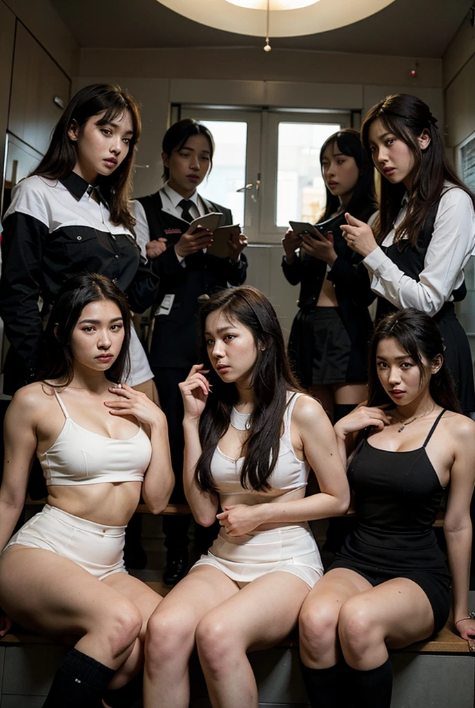 best image quality, collars, large rooms, basements, spectators, women in the back, dark, concrete, men in the back, shackles, shackles, open legs, lace underwear, collars with chains, bangles with chains, tears, skimpy clothes, stockings, wet skin, long brown hair, shiny beautiful skin,