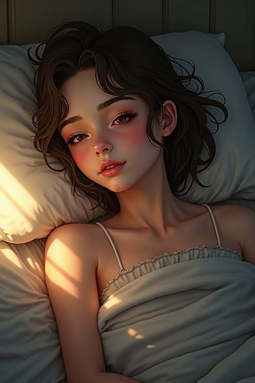 beautiful female, olhos castanhos dourados, cabelos azuis cacheados, short hair, corpo detalhado, detailed hands, sentado na cama, Doe eyes, expression of begging, soft features, Round glass, thick frame, Twink, pijama azul, Tampo azul marinho, boa qualidade, pernas abertas, camiseta grande, coxas, pleading expression, small female, peitos enormes, sorriso ???????, Babando, mulher mais velha, eyes rolled back, ???????, sexy, Implorando, hand on crotch, Cabelo azul escuro, excited and visible nipples