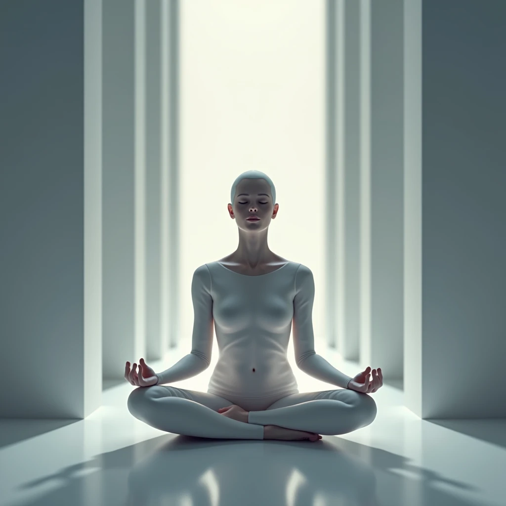  A meditative figure surrounded by a calm, clear sky, reflecting mental strength and inner peace.